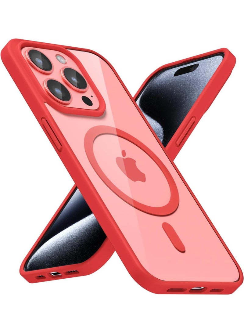 جراب مغناطيسي شفاف لهاتف آيفون 15 برو [مقاوم للصدمات ونحيف] غطاء خلفي صلب شفاف مع حماية عالية الجودة | أحمر